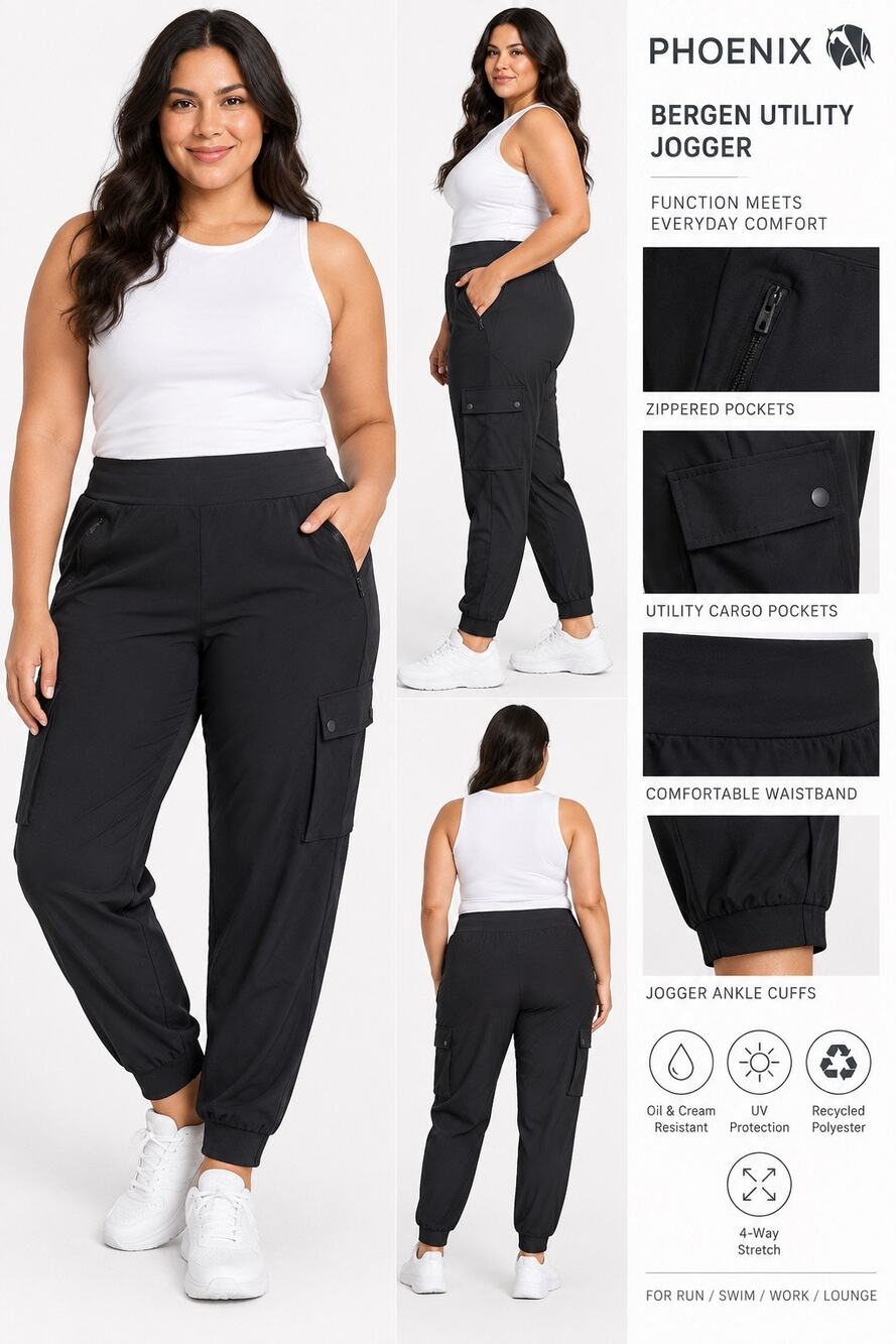 Phoenix Bergen Utility Jogger Womens 1X Black Cargo Pants NWT